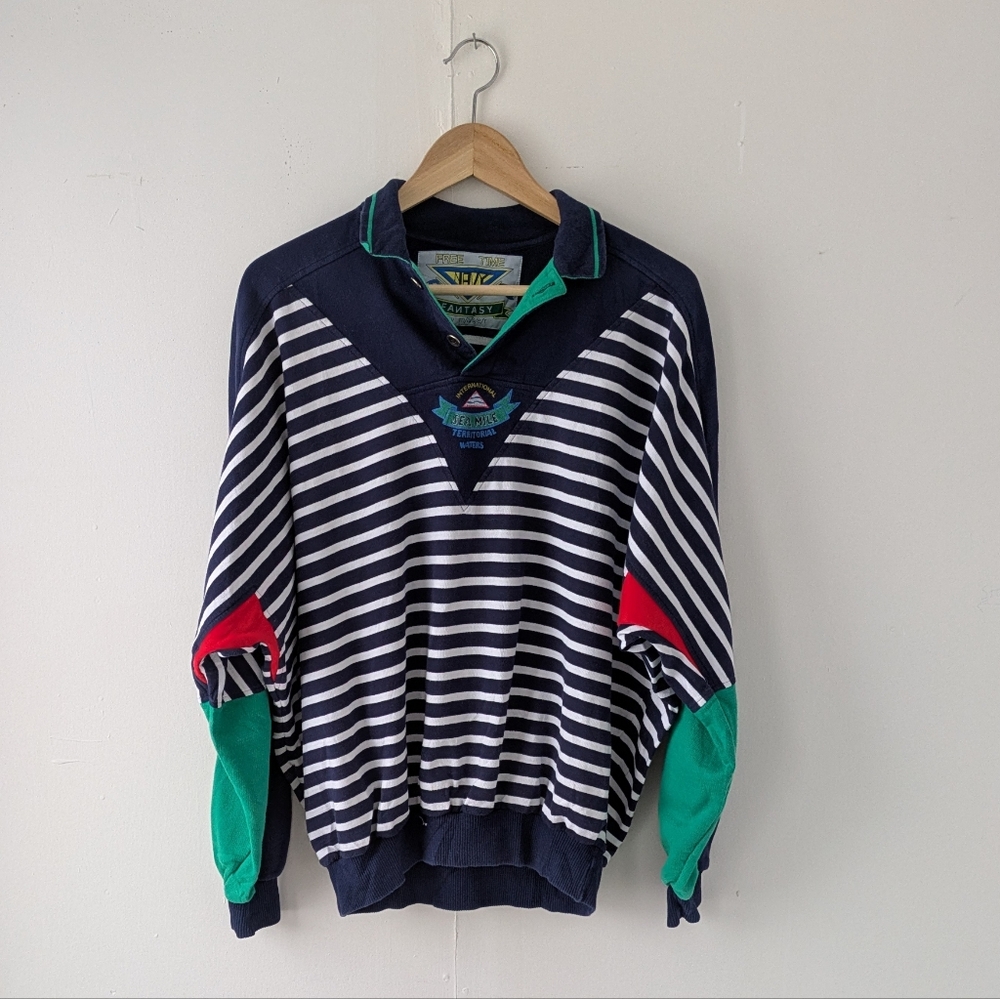 Vintage Maser  Navy and White Cotton Button Up Pullover Sweatshirt Size Medium
